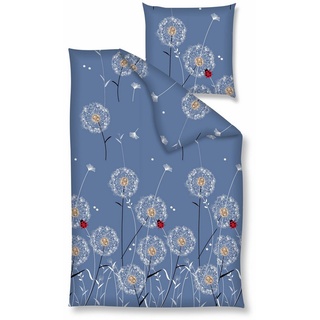 Bettwäsche Baumwolle, Traumschloss, Renforcé, 3 teilig, Pusteblumen, Marienkäfer, blauer Hintergrund blau
