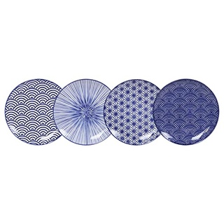 TOKYO Design 4er Set Speiseteller Porzellan mit verschiedene Designs in blau 20.6 cm, Japanisches Porzellan Servierplatten/Pastateller/Frühstücksteller/Salatteller