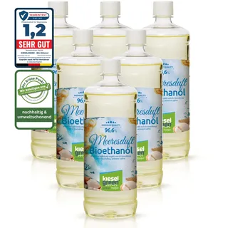 KieselGreen Bioethanol 6 x 1 Liter mit Duft für Ethanol-Kamin, viele Sorten - Bio Ethanol als Raumduft in vielen Duftnoten - Parfüm für Bio Ethanol Kamin Indoor oder Bioethanol Tischfeuer (Meer)