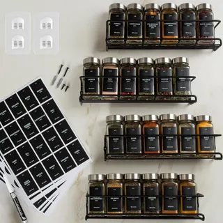 Deco haus® Gewürzregal Wand ohne Bohren [MIT 24 GEWÜRZGLÄSER & ETIKETTEN] - Gewürzregal Hängend 4er Set - Gewürzhalter Ohne Bohren Schwarz - Gewürzhalter - Spice Rack Organizer