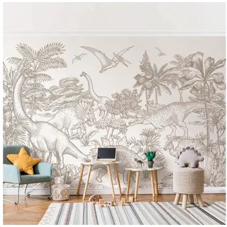 Bilderdepot24 Kindertapete Dinosaurier Welt Sepia Illustration Kinder Retro Vintage beige modern, Glatt, Matt, (Vliestapete inkl. Kleister oder selbstklebend), Mädchenzimmer Jungenzimmer Babyzimmer Bildtapete Fototapete Wandtapete beige 2.88 m x 1.9 m