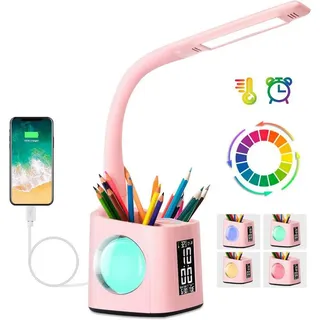 feinlux Schreibtischlampe Nachttischlampe Tischlampe Leuchte mit Akku Stifthalter, LED fest integriert, Warmlicht, mit LCD-Bildschirm, Uhr, Kalender, Wecker, Temperatur. rosa