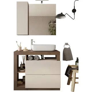 WELLTIME Badmöbel-Set »Hamburg, Badezimmerset 2tlg. Breite 92 cm, Badmöbel, Waschtisch inkl.«, (Spar-Set, 2 St.), Waschbecken, Spiegelschrank mit LED Aufbauleuchte, Soft-Close-Funktion, weiß