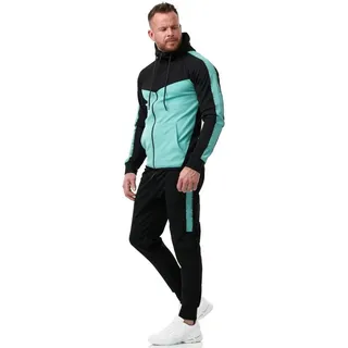 L.gonline Freizeitanzug Herren Jogging-ANZUG, mit Bündchen und Tunnelzug, Trainingsanzug (Kapuzenjacke mit Reißverschluss, Hose, 2-tlg), Fitness Freizeit Casual grün|schwarz M