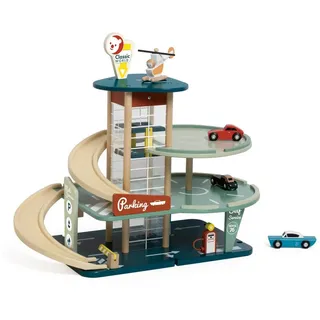 Classic World Parkgarage 3-stöckig aus FSC-Holz & Bio-Kunststoff, Retro-Parkhaus mit Aufzug, Tankstelle, Autos & Hubschrauber, Spielgarage ab 3 Jahren