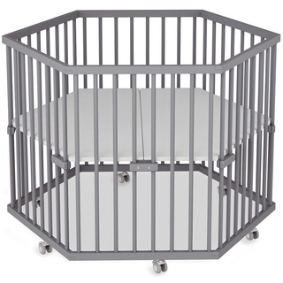 Sämann Laufstall Baby 6-eckig | Hexagon | stufenlos höhenverstellbar | Laufgitter Premium | Babybett aus Holz | Krabbelgitter Komplettset grau