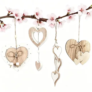 4 Stück Holzherz Fensterdeko Hängend Modern, Deko Herzen Holz zum Aufhängen Holz-Dekoanhänger Natürlicher Rustikale Hängende Wohnaccessoires für Wand Fenster Wohnzimmer Flur Hochzeit Deko