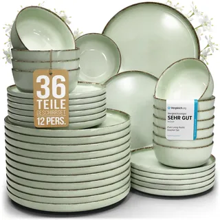 Steingut Geschirrset 12 Personen Rustic 36 tlg. TESTSIEGER, Hochwertiges Landhaussttil Steingut Geschirr Set, Schüssel- und Teller Set, Tafelservice 12 Personen, Geschirrsets Pure Living in Mintgrün