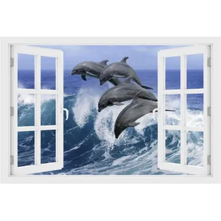 DesFoli Wandtattoo Delfine im Meer - verschiedene Rahmentypen DW000033 Farbe Fensterrahmen Querformat, Größe 90 cm x 60 cm