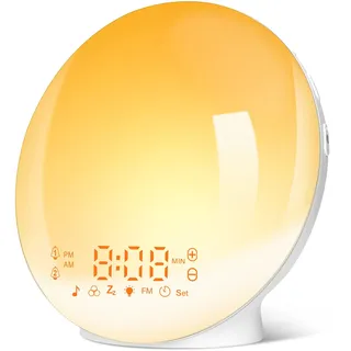 Tageslichtwecker Lichtwecker Wake up Light Sonnenaufgang Sonnenuntergang Simulation Wecker Radio 7 Naturgeräusche 2 Alarmen Snooze 11 Farblicht 20 Helligkeit Nachttischlampe Erwachsene (gelb)
