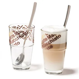 LEONARDO Latte-Macchiato-Glas Café Latte mit Löffeln 4er-Set Solo, Glas, formstabil weiß