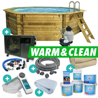 Holzpool SET "WARM & CLEAN" Achteck Folie sandfarben 4,70 x 4,70 x 1,24 m Becken