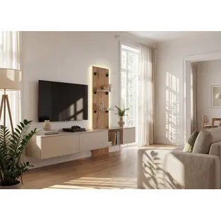 ASM-Moebel Wohnwand Anbauwand Wohnwand Luzz mit Push-Click Lamellenoptik Front und LED, Mit Led Beleuchtung, Lamellenoptik Front und Push-Click System grau