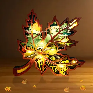 Herbstdeko Holz Beleuchtung, 3D Herbst Dekoration Holz Ahornblatt Kürbis Deko Mit LED Lichterkette, Herbst Deko Innen Lampe Für Schlafzimmer Wohnzimmer Tisch Deko, Geschenk Für Erntedank (Ahornblatt)