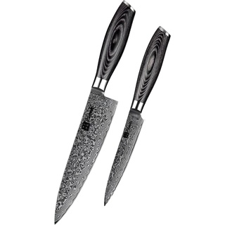 Kensaki 2er Messerset aus Damaszener Stahl Küchenmesser Japanischer Art hergestellt aus 67 Lagen Damaststahl – Kuro Serie, KEN-112, 2er Set
