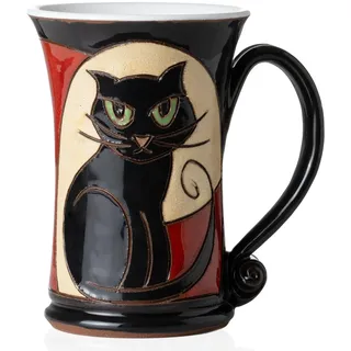 Felisteya Handgetöpferte Katzentasse – 320ml Keramik-Kaffeetasse & Teetasse | Handgemachter Kaffeebecher aus Steingut mit schwarzem Katzenmotiv, Geschenk für Katzenliebhaber – Tasse mit Katze, Modell 2