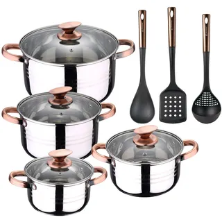 8-teiliges Kochgeschirr-Set aus Edelstahl, induktionsgeeignet, Kollektion San Ignacio Premium + Bergner Copper 3-teiliges Küchenutensilien-Set aus PBT Schwarz und Kupfer