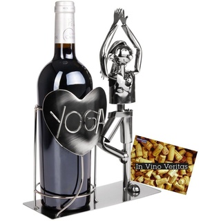 BRUBAKER Weinflaschenhalter Yoga Vrikshasana - Metall Skulptur Flaschenständer, (1-St), Sport Metallfigur Weingeschenk für Yogi und Yoga Begeisterte - Wein Flaschenhalter - Weinhalter mit Grußkarte silberfarben