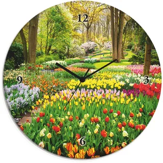 Wanduhr ARTLAND "Glasuhr rund Tulpen Garten Frühling" Wanduhren Gr. B/H/T: 30 cm x 30 cm x 1,8 cm, Funkuhr, bunt Wanduhren