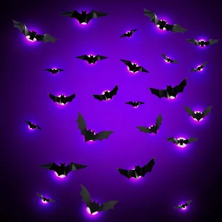 Halloween Deko, 24 Stück LED Lila Fledermaus Deko | Wandaufkleber 3D Halloween Deko Outdoor Innen Beleuchtung Lampen, Garten Dekorations, Party Deko Sticker für Fenster Tür Wand