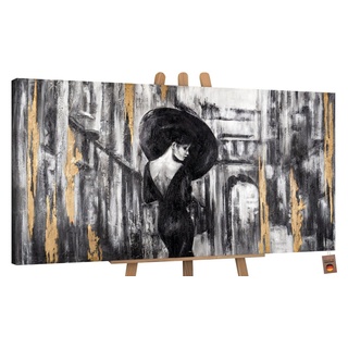 YS-Art Gemälde Filmstreifen, Menschen, Leinwand Bild Handgemalt Frau Regenschirm Gold Schwarz weiß 160 cm x 80 cm x 4 cm