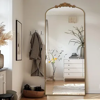 LunaMirror Filigree Standspiegel 180x76cm Ganzkörperspiegel met Vintage Sierlijke Gesneden Applicatie Retro Home Decor Wandspiegel voor Woonkamer Slaapkamer Hal Entree, Gold