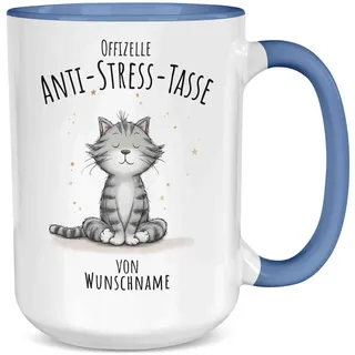 optional mit Grußkarte - Personalisierte Anti-Stress-Tasse mit Katze - Wunschname – Lustiger Kaffeebecher für Katzenliebhaber, Büro, Freundin oder Kollegin – Keramik Tasse Geschenk – 450ml (blau)