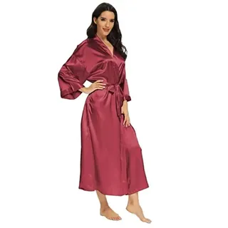 LSYHHXC Satin Kimono Morgenmantel Satin Lange Hochzeit Braut Brautjungfer Robe Robe Feminino Bademantel Große Größe Sexy Bademantel 47(Wine,L)