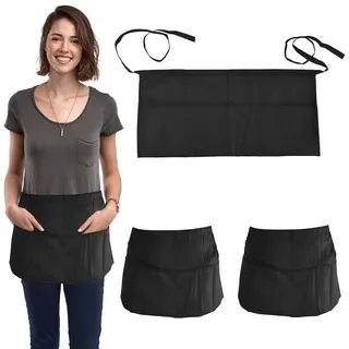Favengo 3 Stück Vorbinder Schürze Schwarz Kellnerschürzen Kochschürze mit 3 Taschen Taillen Schürze Küchenschürzen Backschürze Grillschürze Bistroschürze für Frauen Männer Chef Kellner (Black/3pcs) - 60x30 cm