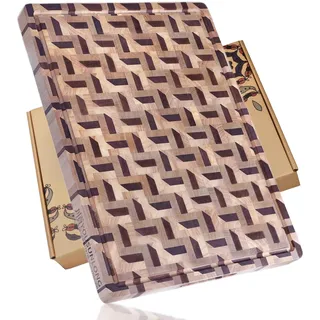YOUSUNLONG Stirnholz-Schneidebrett - 3D-Zickzackmuster Walnuss & Ahorn-Butcher Block XXL-Bruststückbrett - 61 L x 46 B x 3,8 H cm dick mit Saftrinne und Griffen - Grillbrett, Kochfeldbrett; Käsebrett