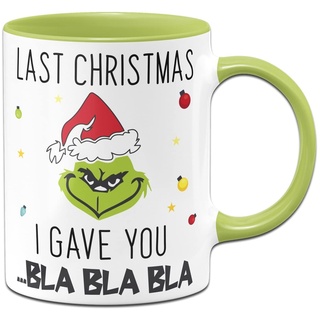 Tassenbrennerei Grinch Tasse mit Spruch: Last Christmas Bla Bla Bla - Weihnachtstasse lustig - Kaffeetasse als Grinch Deko (Hellgrün)