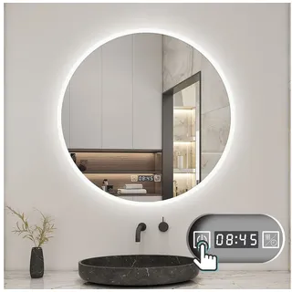 Aica Sanitär Badspiegel Rund Wandspiegel mit LED Beleuchtung Dimmbar Beschlagfrei Uhr Ø 70 cm