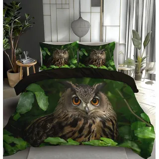 TDNEKMCA Bettwäsche 155x220cm 3 Teilig Eule Grüne Blätter Wendebettwäsche Weiche Mikrofaser Bettbezug mit Reißverschluss und Kissenbezug 80x80cm, Braun Grün