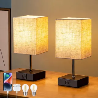 EDISHINE 2 LED Nachttischlampe Touch Dimmbar, mit Ladefunktion & Glühbirne,Tischlampe Schwarz - Beige/Schwarz