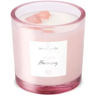 JuwelKerze Edelstein Kerze Love & Harmony - 60 Std - Mit Rose Quartz Stein - Große Duftkerze Mit Blumigem Duft - Kristall Deko - Geschenke für Frauen, Geburtstag