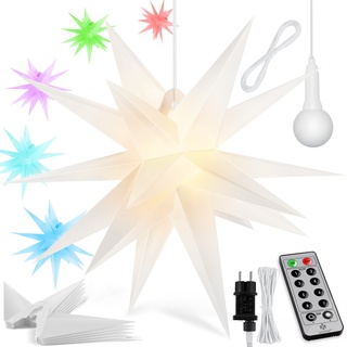 KESSER® Leuchtstern 3D, LED Weihnachtsstern mit Timer für innen und außen, Adventsstern Beleuchtet hängend Stern + Warmweiß Licht