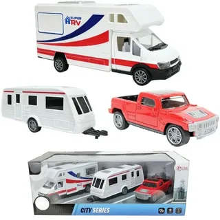 Toi-Toys - Modellfahrzeug Set - Wohnmobil + Wohnwagen + Pick-Up-Truck