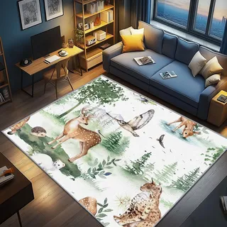 AevuCub Waldtiere Deko, Hirsch Igel Eule Luchs Teppich 100x150 Kurzflor, Teppich Wohnzimmer Kinder, Weich rutschfest Waschbare Teppiche, Bettvorleger Schlafzimmer Kinderzimmer