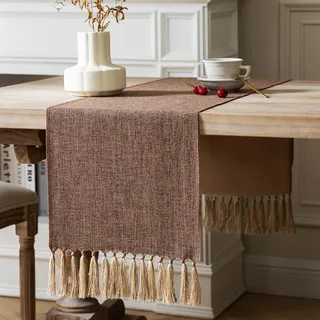 ZeeMart Braune Tischläufer, 121 cm lang, Jute-Leinen-Stil, rustikaler Bauernhaus-Tischläufer, Kleiner kurzer Boho-Couchtischläufer, 33 x 122 cm, Braun