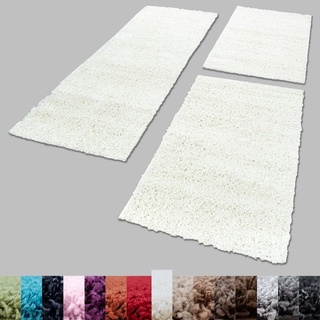 Unbekannt Shaggy Hochflor Teppich Carpet 3TLG Bettumrandung Läufer Set Schlafzimmer Flur, Farbe:Creme, Bettset:2x60x110+1x100x200