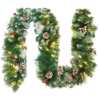 Froadp 800cm Künstliche Girlanden für Festlichkeiten, Weihnachten Tannengirlande mit Schnee Kiefernzapfen & Rot Beeren, Weihnachtliche Kränze mit LED, Hängende Blumen Türkranz für Parties Geburtstag