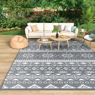 MOKANI Outdoor Teppich Wetterfest, Wendbarer Balkon Camping Teppich 240x300 cm, Kunststoff Stroh Terrasse Matte UV-beständige Outdoorteppich Rug Carpet für Garten RV Picknick, Boho-Style, Grau