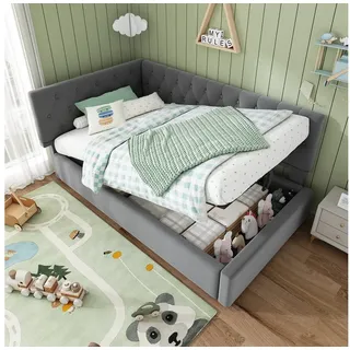 TavilaEcon Boxspringbett Polsterbett, Tagesbett, Schlafsofa mit hydraulischem Stauraum, mit Lattenrost aus Holz, ohne Matratze, 90×200cm grau