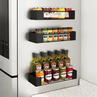 Golden Bell Magnetisches Gewürzregal ohne Bohren für Kühlschrank, 3er Pack Gewürzhalter Schwarz aus Metall in 3 Größen, Platzsparender Küchenorganizer Magnetregal für Gewürzdosen