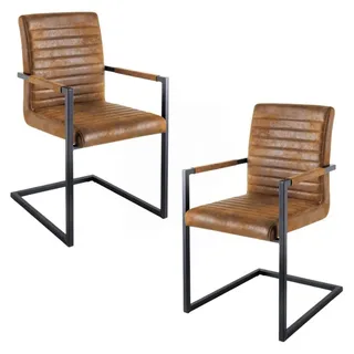 LebensWohnArt Stuhl 2er Set Freischwinger MENGA vintage-braun Industrial-Look