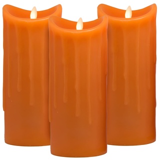 Tronje LED Echtwachskerzen 3er Set mit Timer - 23/23/23 cm Kerzen Orange Wachstropfen mit beweglicher Flamme