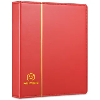 MUDOR Leerer Premium PU Classic Ordner, 4 Ringbuch-Alben Einsteckbuch für Briefmarken, Dokumente, Münzen, Geldscheine (rot)