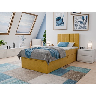 Bett, Einzelbett Soffy mit Bettkasten, Polsterbett, Bett, Schlafzimmer gelb, 90x200 cm