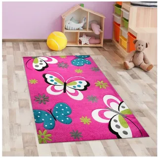 Carpetia Kinderteppich Bunter Kinderzimmerteppich mit Schmetterlingen in pink, rechteckig, Höhe: 13 mm grau|grün 80 cm x 150 cm x 13 mm