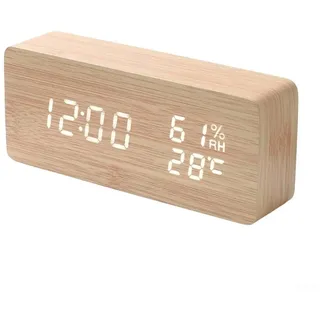 Smart Voice Controlled LED Wooden Clock for Time Temperature Humidity Date Display, Adjustable Brightness, Multiple Power Options USB or Batteries (C)